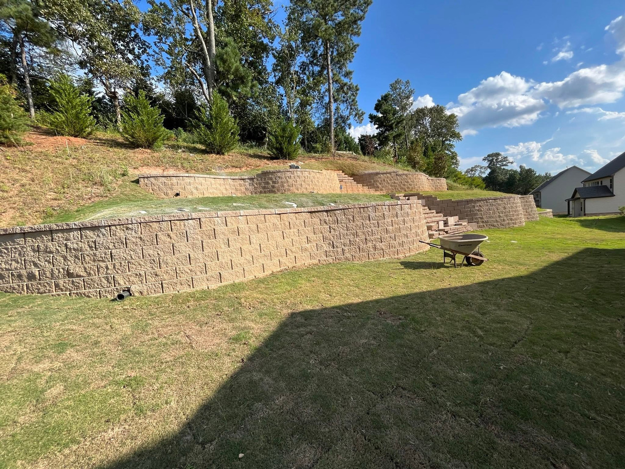 Stone steps connecting lawn to paver terrace
